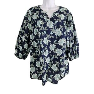 Croft & Barrow V-Neck Top Womens 1X Plus Blue Floral 3/4 Sleeve Cotton Boho EUC